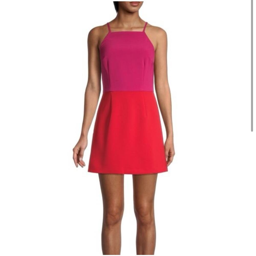 NWT French Connection Whisper Color Block Dress Pink Red Mini Square Neck 4